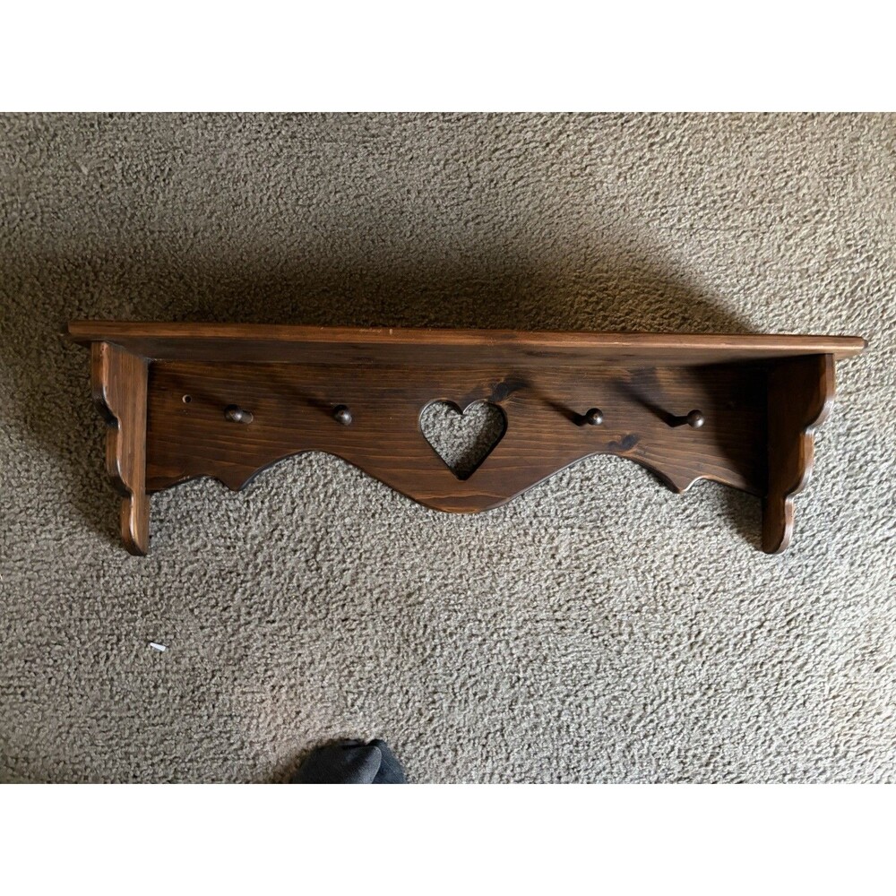 Vintage Wooden Wall Shelf with Heart Cutout and 4 Pegs USA Made Countrycore 36"